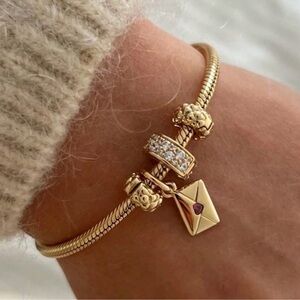 Gold Tone Cubic Zirconia Heart Envelope Pendant Bracelet